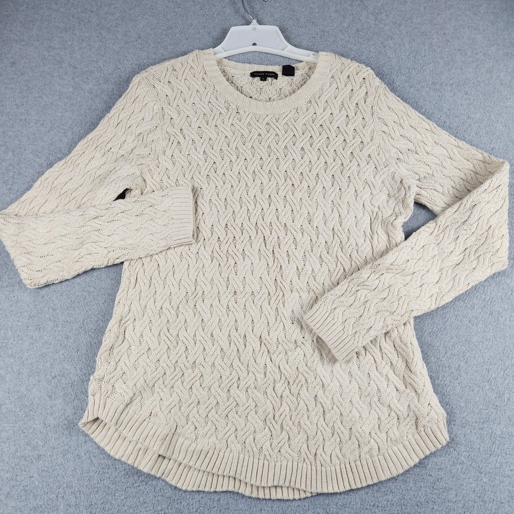 Jeanne Pierre Sweater Women Large Beige Cable Knit Crew Neck Curved Hem Pullover